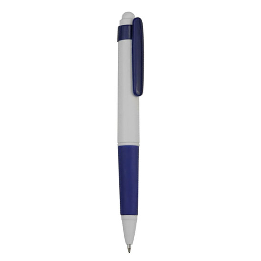 A plastic pen in blue and white with a clip and a logo on its side.