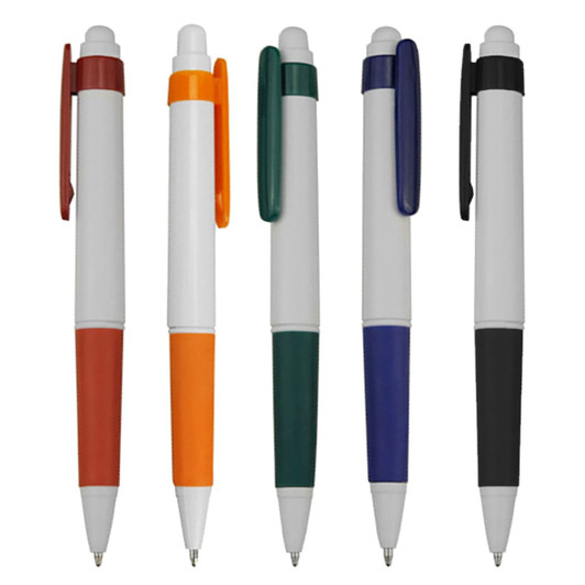 Five plastic pens in various colours: maroon, orange, green, navy, and black, with white barrels and clips.