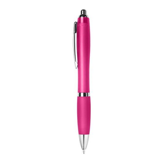 A pink plastic pen with shiny silver accents and a clip for easy attachment. It features a smooth design and a logo.