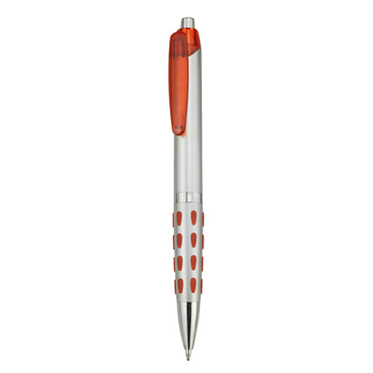 A plastic pen with a silver body and orange accents, featuring a grip with raised dots and a clip.