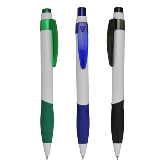 Three plastic pens in green, blue, and black with white grips and clips, featuring logos on the bodies.