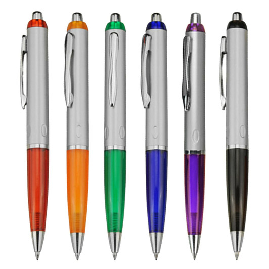 A collection of six plastic pens in orange, green, blue, purple, red, and black with silver accents and branding.