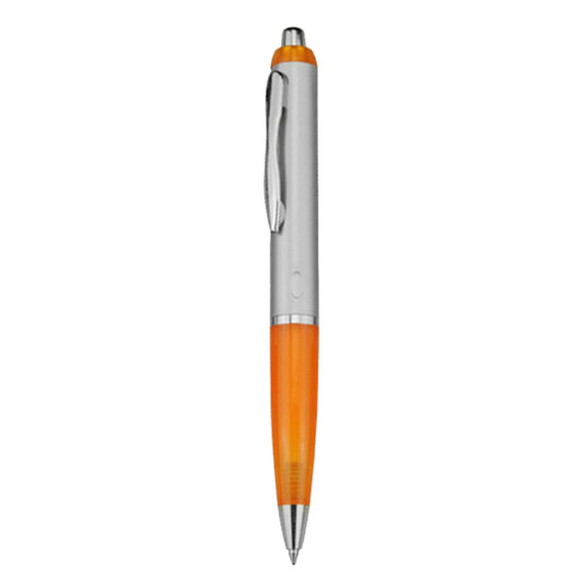 A plastic pen with an orange and silver design, featuring a clip and a glossy finish.