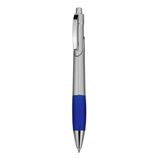 A plastic pen with a silver body and a blue grip, featuring a clickable top and a clip.