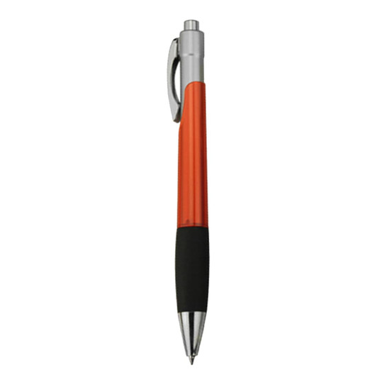 A plastic pen in orange and silver with a black rubber grip and a metal clip. It features a logo.