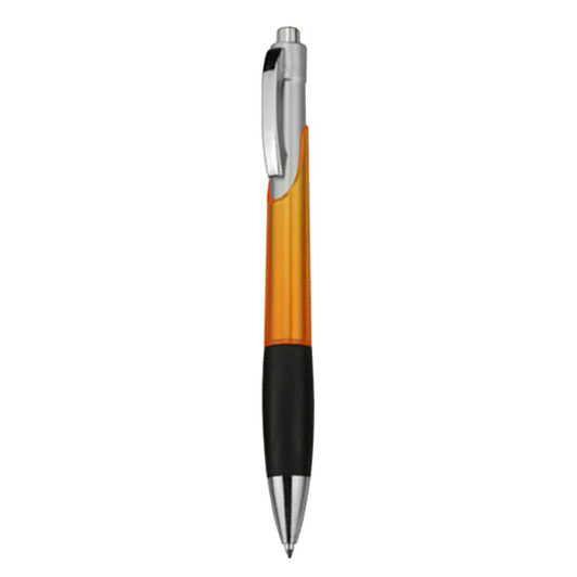 A plastic pen in orange and black with a silver clip and tip, featuring a logo.