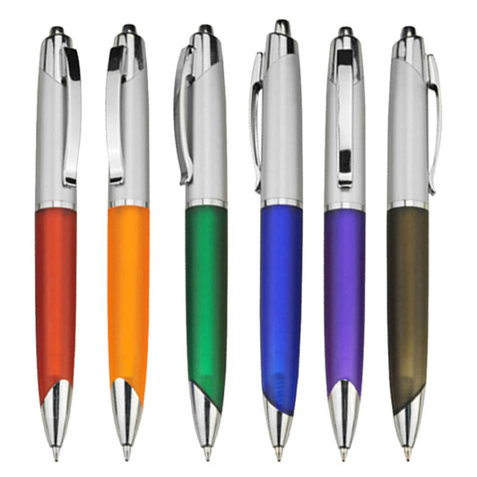 A collection of six plastic pens in red, orange, green, blue, purple, and brown, featuring silver accents and clips.