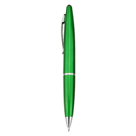 A green plastic pen with silver accents and a clip, featuring a brand logo.