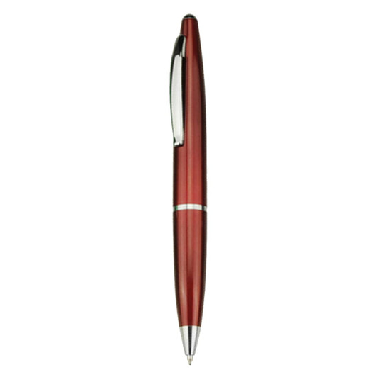 A sleek red plastic pen with silver accents and a clip, featuring a subtle logo on the body.
