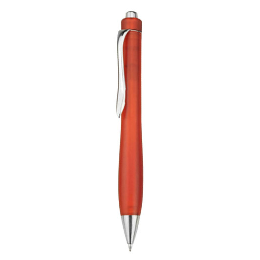 A plastic pen in vibrant red with a silver clip and tip, featuring a sleek design and branding.