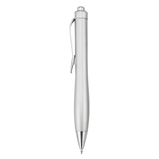 A silver plastic pen with a sleek design and a clip, featuring a shiny finish and a pointed tip.