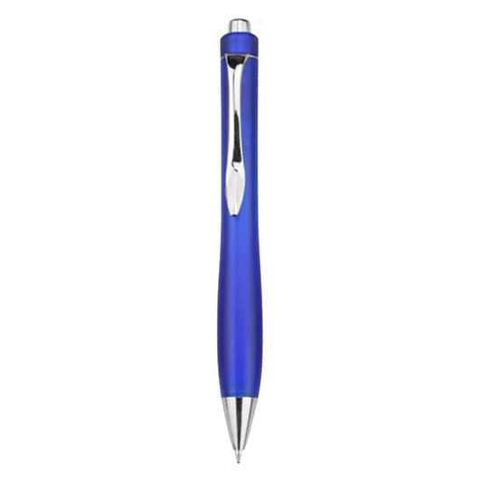 A blue plastic pen with a sleek design and a silver clip. The pen features a shiny tip.