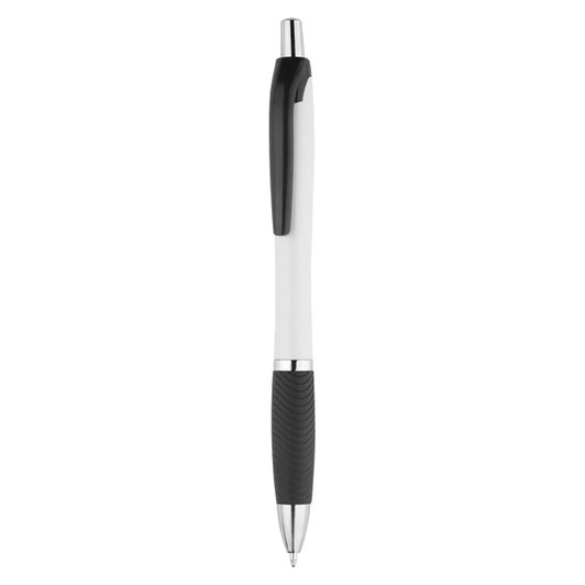 A plastic pen in white with a black grip and clip, featuring a silver tip. It has a logo on the side.