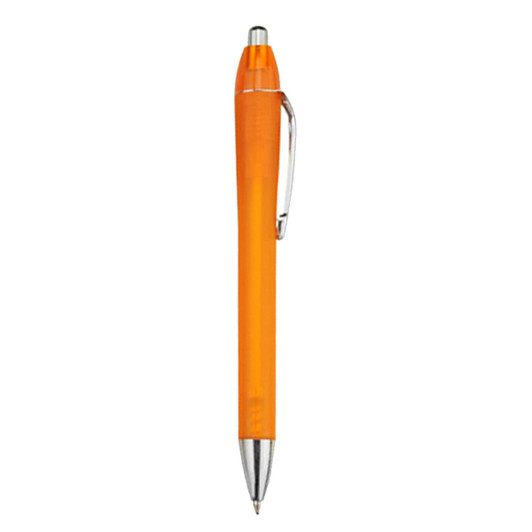 An orange plastic pen with a silver clip and a glossy finish. It has a logo on the barrel.