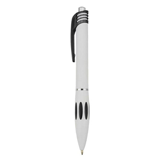 A white plastic pen with a black grip and silver accents, featuring a logo on the barrel.