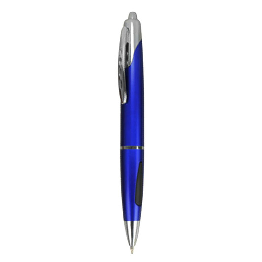 A blue plastic pen with a silver clip and accents, featuring a grip for comfort. It includes a logo on its surface.