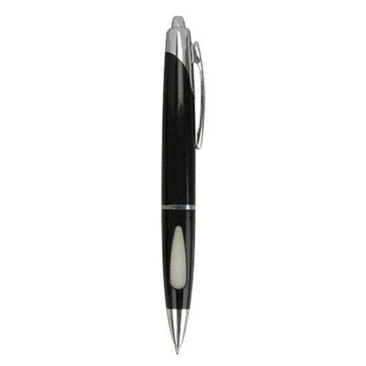 A black plastic pen with chrome accents and a clip, featuring a smooth and sleek design. It has a logo displayed.