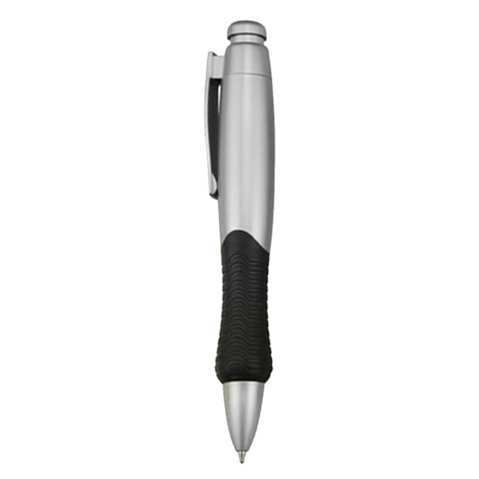 A silver plastic pen with a black rubber grip and clip, featuring a logo on the body.