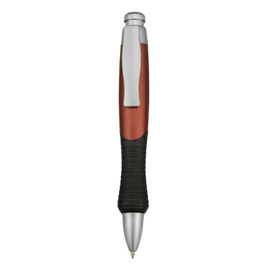 A plastic pen in red and black, featuring a silver clip and a textured grip for comfort.