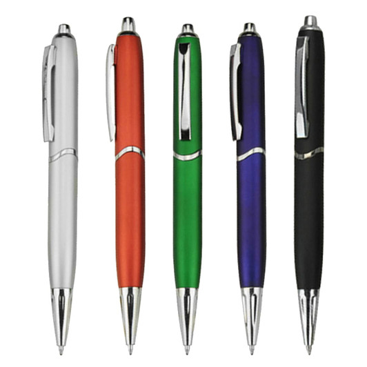 A set of five plastic pens in silver, orange, green, purple, and black, with metallic accents and clips.
