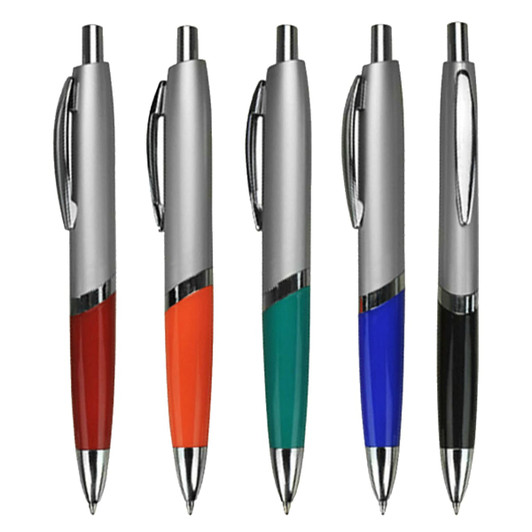 A selection of five plastic pens in red, orange, teal, blue, and black, featuring silver accents and a branding logo.