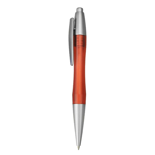 A plastic pen with a red translucent barrel and silver accents, featuring a clip and retractable mechanism.