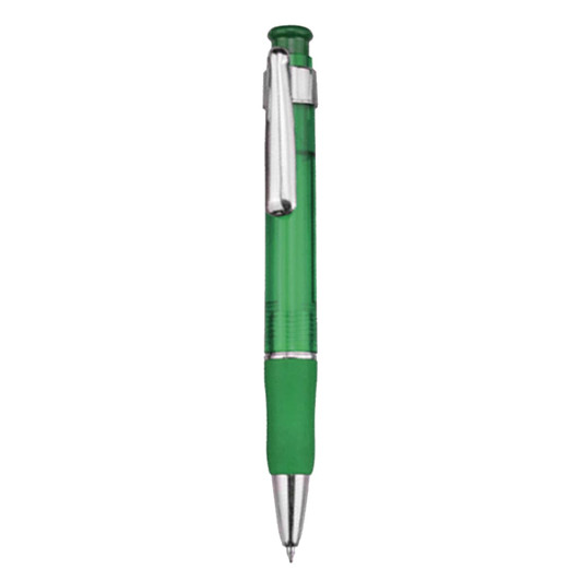 A green plastic pen with a silver clip and grip. The pen features a transparent barrel with a logo.