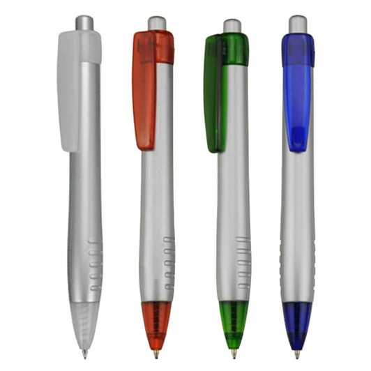 Four plastic pens in silver, featuring red, green, and blue accents, with a logo on one side.