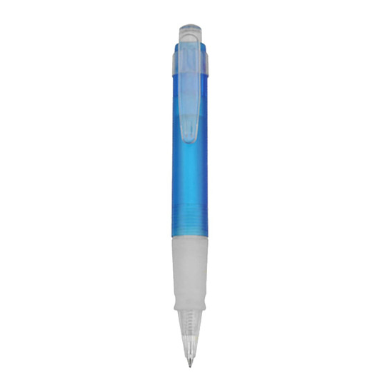 A plastic pen with a transparent blue barrel and a white grip. It features a click mechanism and a clear top.