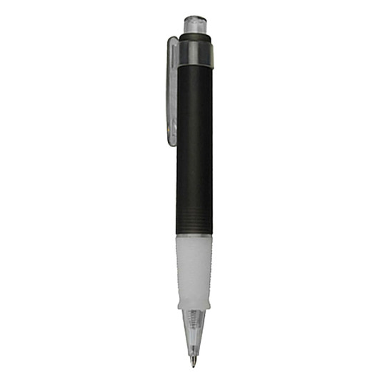 A black plastic pen with a silver clip and a transparent tip. The pen has a textured grip for better handling.