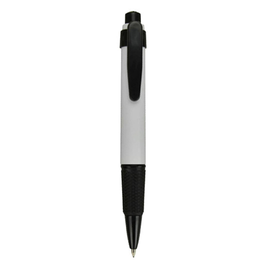 A plastic pen in white and black with a textured grip and clip, featuring a logo.