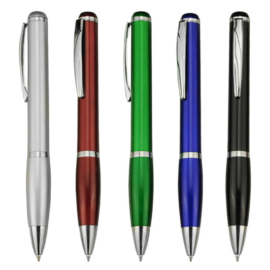 Five plastic pens in silver, red, green, blue, and black, each featuring a metallic finish and a clip.