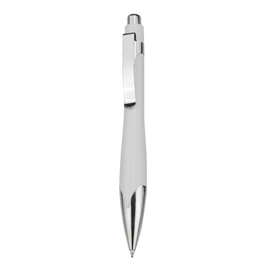 A plastic pen in white with a silver accent and clip, featuring a sleek design.