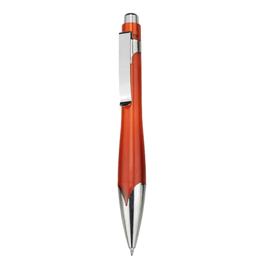 An orange plastic pen with a sleek silver clip and a glossy finish, featuring a metal tip design.