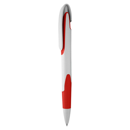 A plastic pen in white with red accents, featuring a clip and a logo.