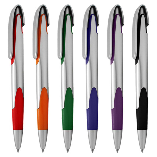 A collection of six plastic pens in red, orange, green, purple, and black, featuring silver accents and branding.