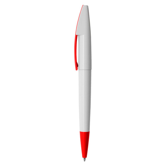 A plastic pen with a white body and red accents, featuring a clip and a logo.