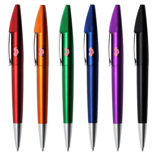 A collection of plastic pens in red, orange, green, blue, purple, and black, each featuring a logo on the barrel.
