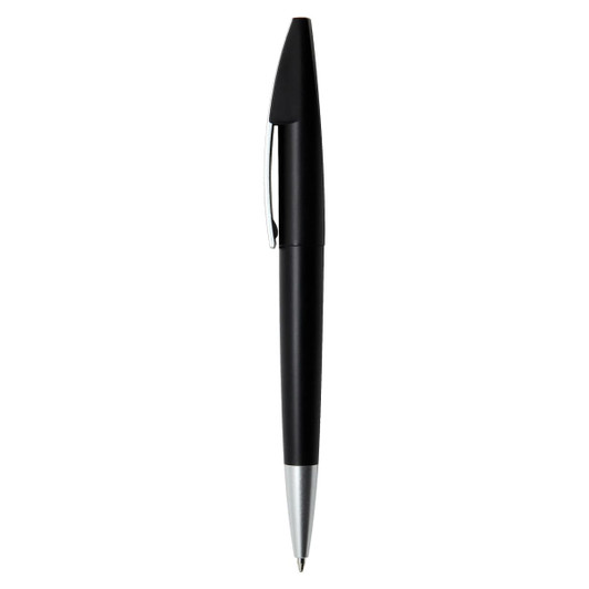 A black plastic pen with a shiny silver clip and tip, featuring a simple design and logo.