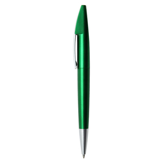 A green metallic pen with a silver clip and tip, featuring a branding logo.