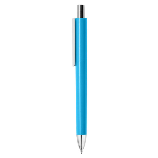 A blue plastic pen with a silver clip and a shiny silver tip, featuring a smooth, sleek design.