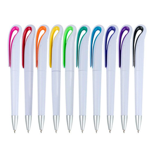 A collection of white plastic pens with various coloured clips including red, orange, yellow, green, blue, and purple.