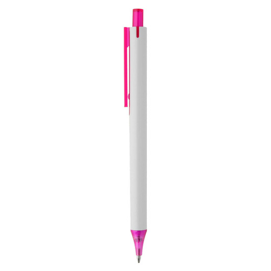 A plastic pen in white with pink accents, featuring a logo on its barrel.
