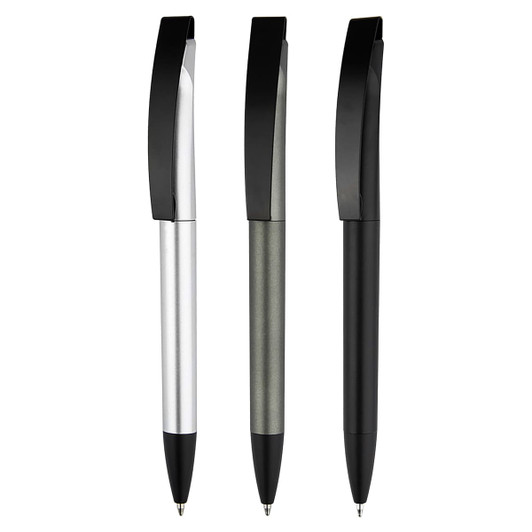 A set of three plastic pens in silver, grey, and black, each featuring a black clip and branding.