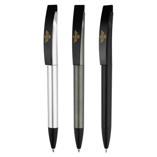 Three plastic pens in silver, grey, and black, featuring a logo on the clip.