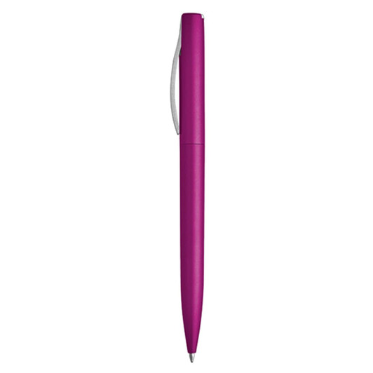 A pink metallic pen with a sleek design and a silver clip, featuring a logo on its surface.