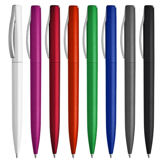 A collection of plastic pens in white, red, purple, orange, green, blue, black, and grey, featuring a silver clip.