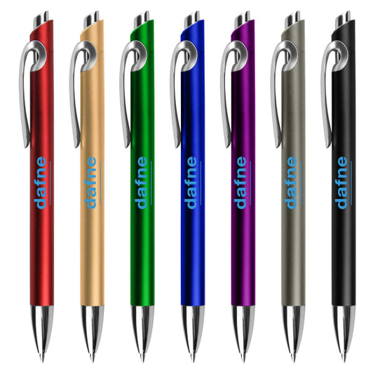 A set of plastic pens in red, gold, green, blue, purple, and silver, each with a clip and branding.