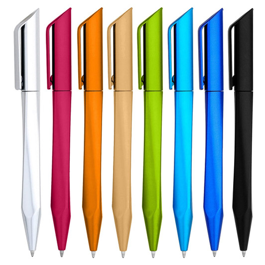 A collection of eight plastic pens in various colours: white, pink, orange, gold, green, blue, and black. Each has a clip and a logo.