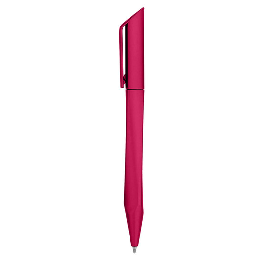 A plastic pen in a vibrant pink colour with a sleek design and a clip for easy attachment.